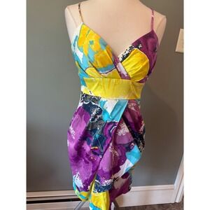 Y2K hoco dress Floral Print Mini Dress Sleeveless Yellow Purple Blue Medium‎ EUC